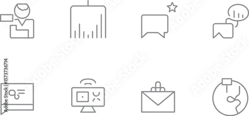 A set of eight simple line icons depicting various concepts on a light background