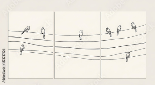 Minimalist artwork of birds perched on power lines in black and white composition