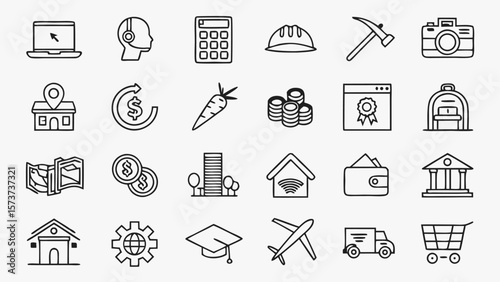 Collection of diverse business and lifestyle icons representing various industries and concepts in a clean outline style