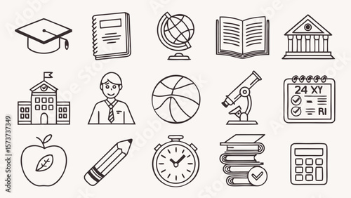 Collection of hand drawn school and education icons including graduation cap books globe school building student and calculator