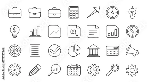 Collection of hand drawn business and finance icons representing success growth and planning