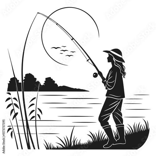 Silhouette of a woman fishing with a rod and reel by a tranquil lake surrounded by reeds and trees