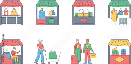 Illustration of various market stalls and shoppers with shopping bags and carts