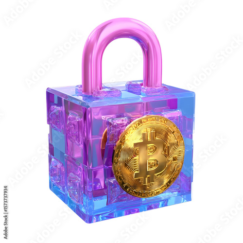 Vibrant and futuristic 3D render of a transparent cube shaped icon with a golden bitcoin symbol secured by a pink padlock