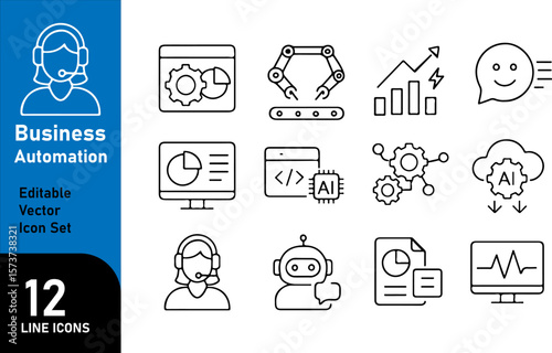 Business Automation Line Icons – Editable Vector Set for AI, Workflow, Data Processing, and Digital Solutions

