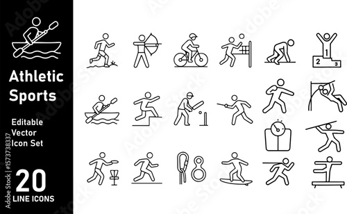 Athletic Sports Line Icons – Editable Vector Set for Games, Fitness, Olympic Events, and Outdoor Activities

