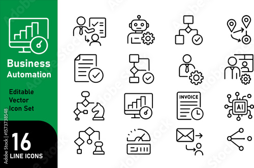 Business Automation Line Icons Set – Editable Vector for Workflow, AI, Process Optimization, and Digital Transformation

