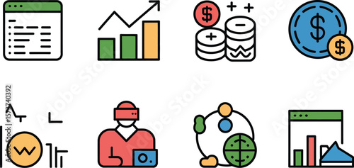 A set of eight business and financial icons arranged on a white background grid