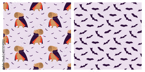 Capybara Dracula and bats seamless pattern set
