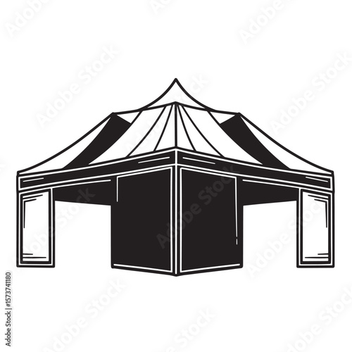 Black and white vector illustration of a pop up trade show tent or market stall suitable for advertisement