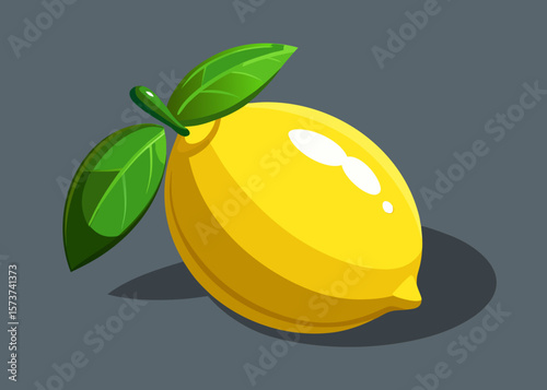 Bright yellow lemon with green leaves and a subtle shadow on a dark background