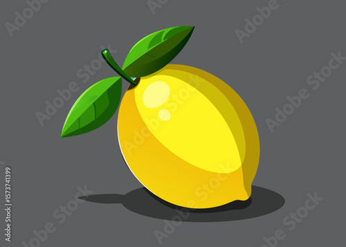 A bright yellow lemon with two green leaves and a subtle shadow on a gray background