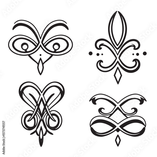 Collection of four black and white elegant ornament designs with swirls and floral elements