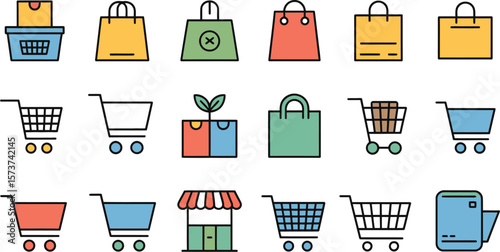 A collection of shopping icons including bags carts store and payment terminal design