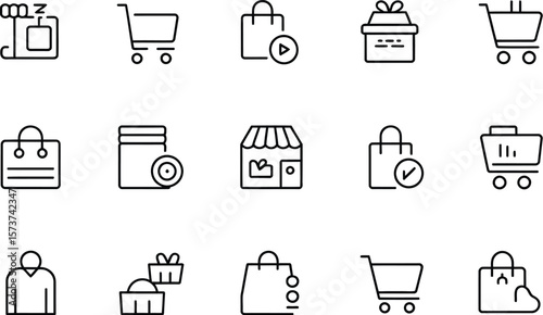 A collection of shopping related icons including bags carts and store front icons