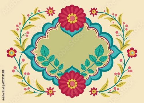 Decorative floral frame with intricate patterns and vibrant colors on a cream background