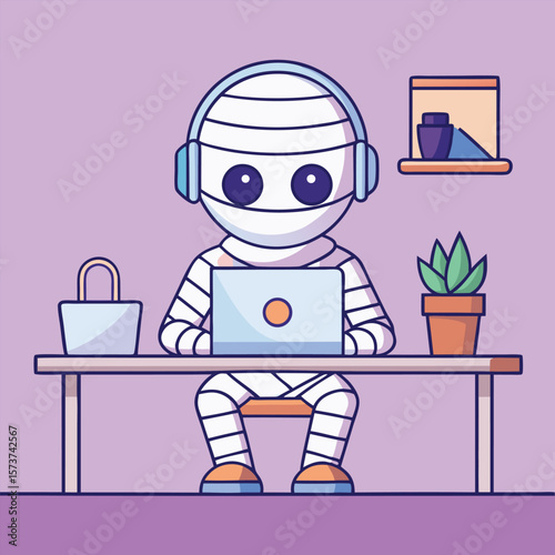 Halloween Mummy Cartoon Working Remotely at Modern Workspace 