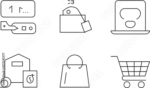 A collection of line art icons depicting online shopping and delivery services set up