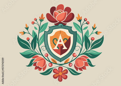 Elegant floral crest with letter a and heraldic shield in vintage style