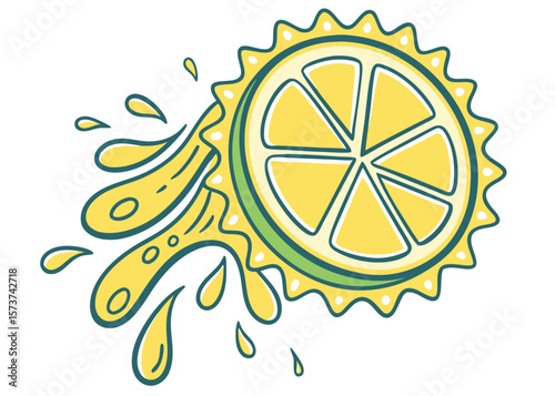 Vibrant yellow lemon slice with splashing juice and stylized rind