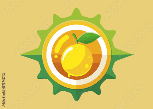 Bright yellow lemon with green leaf inside a stylized sunburst emblem