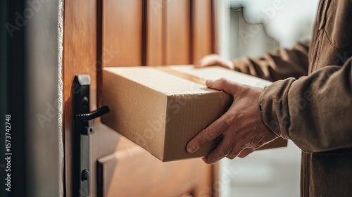Delivery person placing a parcel gently in front of a door, no logos