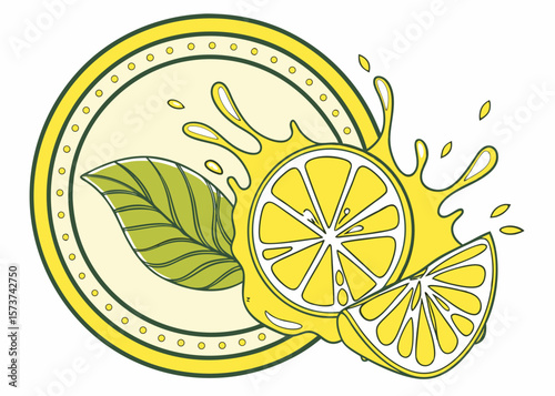 Refreshing lemon slice splashing with juice and green leaf in circle