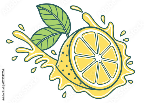 Refreshing lemon slice with green leaves and splashing juice illustration