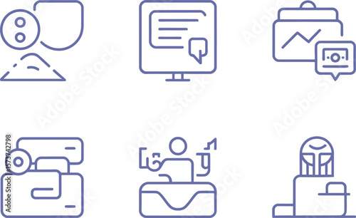 A collection of six line art icons arranged in two rows on a gradient background