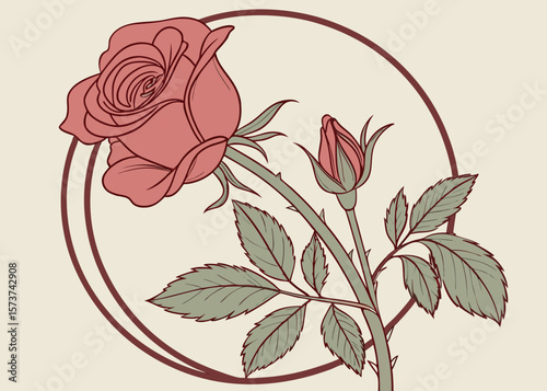 Elegant illustration of a pink rose with a bud and leaves within a circular frame