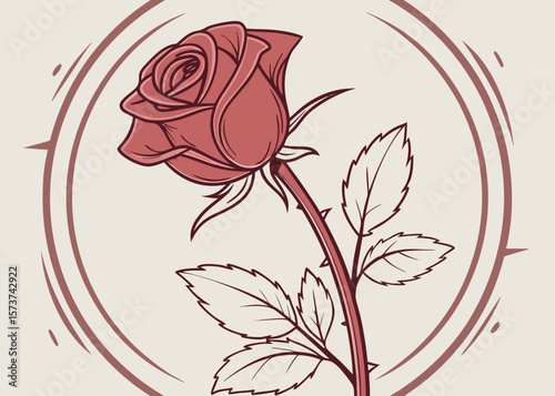Stylized red rose with thorns and leaves inside a circular frame
