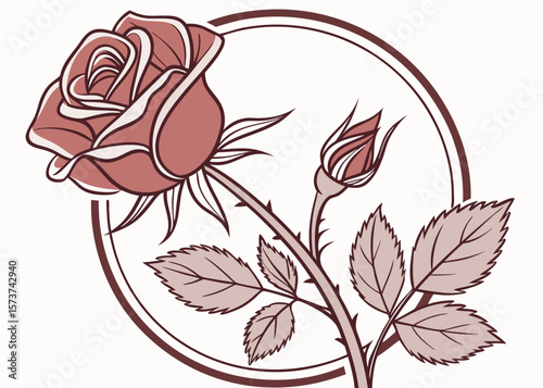 Elegant rose and bud illustration with circular frame and subtle thorns