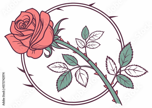 Stylized rose with thorns and leaves encased in a circular frame