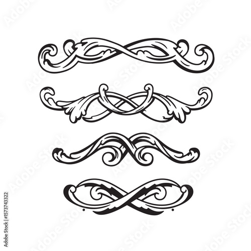 Elegant set of decorative flourishes and ornamental scroll elements in black and white design