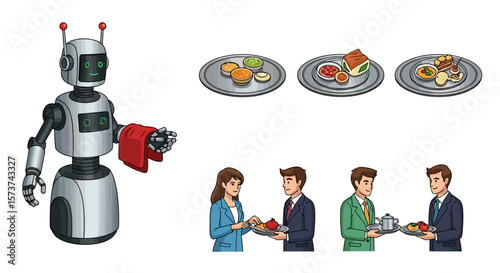 Robot waiter serving food to people with trays of dishes in a futuristic restaurant setting scene
