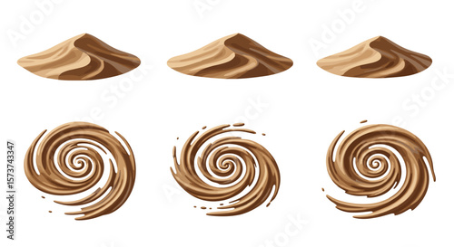 Illustration of three sand dunes and three swirling chocolate shapes on a white background art