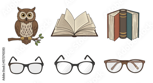Illustration featuring an owl on a branch, open and closed books, and three pairs of eyeglasses design