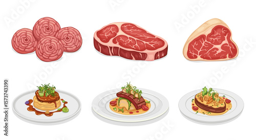 Illustration showing raw meat cuts and plated dishes with meat on white background surface view