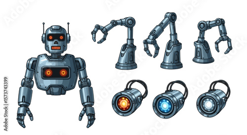 Illustration of a retro style robot with detachable arms and power sources on a white background