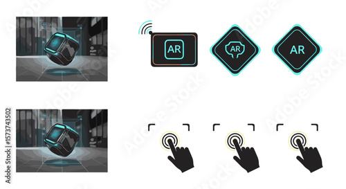 Augmented reality interface showing a floating object with ar icons and touch interactions displayed near it