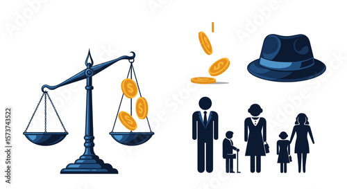 Scales balancing coins next to a hat and family silhouette representing wealth and inheritance issues