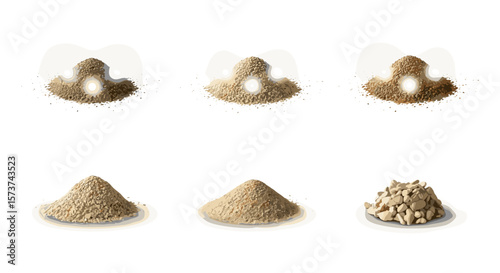 Depiction of six piles of granular material with varying textures and compositions on white background