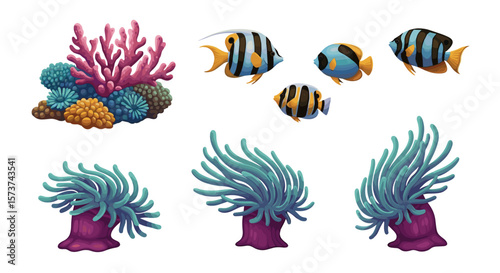 Illustration of coral reef with colorful corals anemones and striped fish on a white background scene view