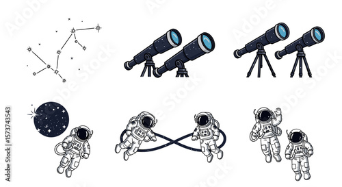Illustration of constellation telescopes and astronauts floating in space on a white background viewable