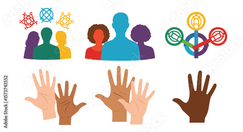 Diverse group of people with abstract symbols and raised hands representing community and collaboration ideas