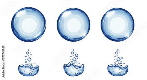 Illustration showing three water droplets above and water splashes below on a white background