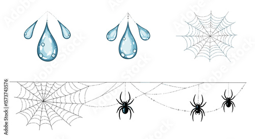 Illustration of water droplets above and spiderwebs with spiders hanging below on a white background