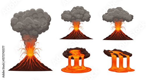 Illustration showing different stages of volcanic eruptions with lava flow and smoke plumes in the sky