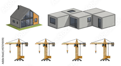 Isometric view of two building structures with four construction cranes in the foreground view design