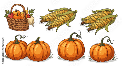 Basket filled with apples pumpkins and pears with corn and pumpkins on a white background image